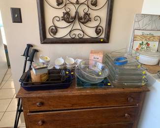 Antique wooden piece, Pyrex, baking dishes and bowls
