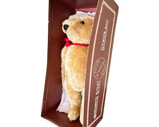 1980 Margaret Steiff teddy bear in original box. Plastic cover also present but damaged with age. Bear is immaculate. Box, cover, and bear have been wrapped in plastic and stored in clean, smoke-free attic. Exciting to offer!