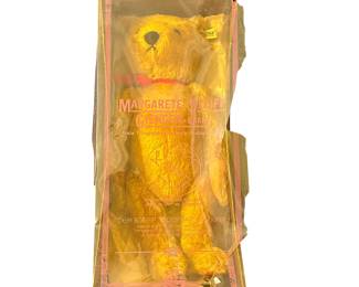 1980 Margaret Steiff teddy bear in original box. Plastic cover also present but damaged with age. Bear is immaculate. Box, cover, and bear have been wrapped in plastic and stored in clean, smoke-free attic. Exciting to offer!