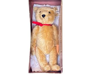 1980 Margaret Steiff teddy bear in original box. Plastic cover also present but damaged with age. Bear is immaculate. Box, cover, and bear have been wrapped in plastic and stored in clean, smoke-free attic. Exciting to offer!