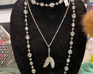 Crystal necklace.  Feather Necklace.