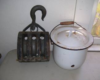 Antique Block and Tackle & Enamelware Pot with Lid