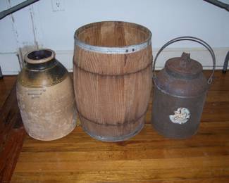 Antique Stoneware Jug from Boston, Vintage Wood Barrel