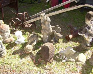 Concrete Lawn Ornaments & Antique Plow