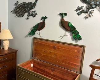 Mid-Century metal wall art; Cedar lined chest