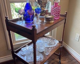 Darling antique bar cart with Diana's bohemian cut glass display