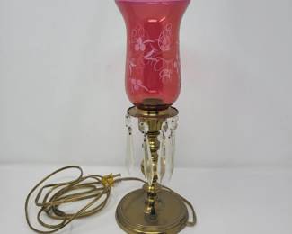 120 AntiqueEtchedGlassCranberryHurricaneCrystalsLampWorks