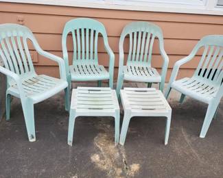 43 FourPaleGreenStackingPatioChairsTwoSideTables