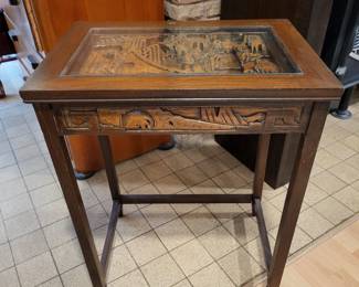 60 GlassTopAsianCarvedWoodTable