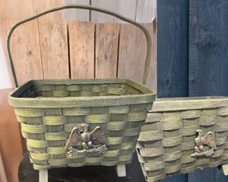 107 PairofVintageColonialAmericaGreenWovenHandledBaskets