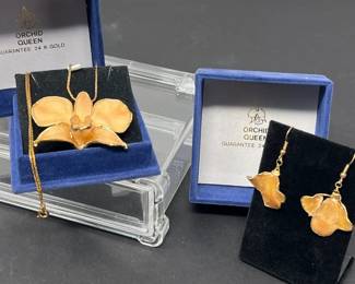 145 24kGoldOrchidQueenNecklaceEarrings