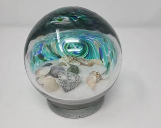 174 ArtGlassOrb4PaperweightFilledWithSandSeashells