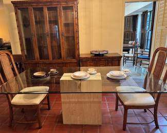 Granite Base Glass Top Dining Table, Matching Dining Chairs, 2 separate sets of China available, 1 ceramic dining set available