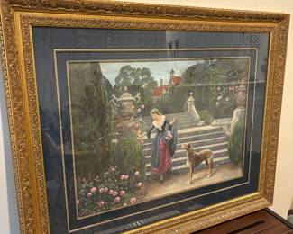 Hill Interiors Gold Ornate Framed Lithograph “Lady & Dog in Garden”
