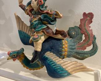 Chinese Polychrome Glazed Pottery Warrior Riding a Phoenix Roof Tile with Custom Stand