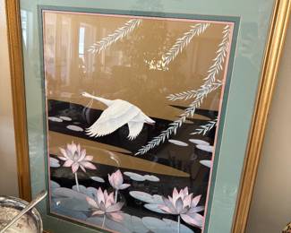 Framed Art Print Egret in Flight over Lotus Pond