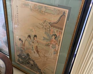 Vintage Japanese Framed Watercolor Painting of Geisha
