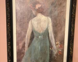 Signed L. Carson Painting “Girl with Flowers” on Canvas Board