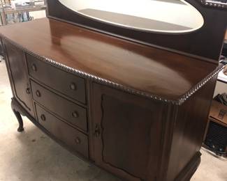 Antique Chippendale Style Sideboard with Oval Beveled Mirror