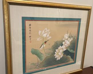 Framed Hummingbird & Water Lilies Oriental Lithograph