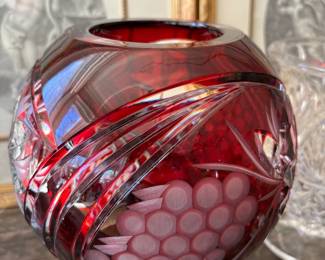 MCM Bohemian Glass Cranberry Red Cut to Clear Crystal Vase