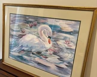 Framed Lithograph Watercolor “Swan on a Pond” by Judy Lynch, Signed & Numbered