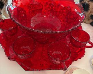 L.G. Wright Red Daisy Glass Punch Bowl with Underplate & 8 Cups