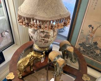 Burl Wood Glass Top Table with 3 Club Legs & Brass Hardware