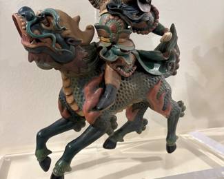 Chinese Polychrome Porcelain Warrior on Foo Dog Roof Tile Qing Dynasty Style with Custom Stand