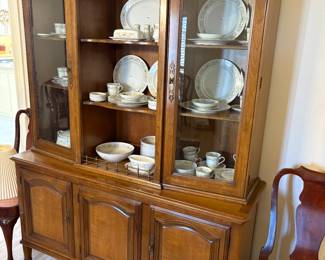 Vintage French Provincial 2 Piece China Display Cabinet with Brass Pulls, 3 Top Shelves, & Bottom Storage