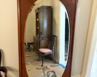 Antique Louis Philippe Oval Beveled Mirror with Burl Inlay & Brass Corner Tops