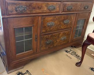 Arts & Crafts Buffet Server with Burl Inlay & Glass Front Panels