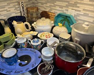 Kitchen full of quality dinnerware, stoneware, cookware, etc.