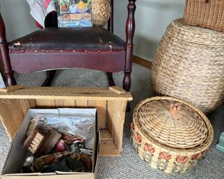 Numerous wicker baskets; vintage ceramic nativity set.