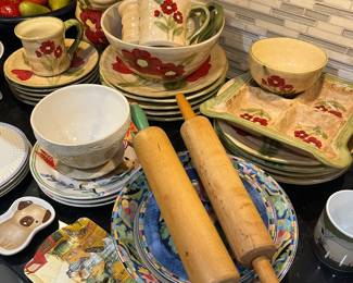 Kitchen packed, including dinnerware by Ambiance (“Fleur Rustique” pattern), Interiors stoneware (“Fantasia” pattern), and more.