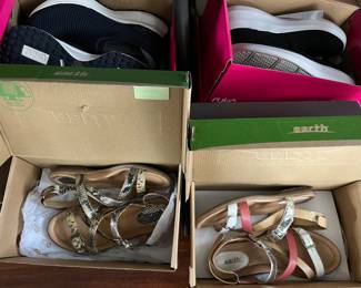 Approximately 75-100 pairs of women’s shoes, most U.S. size 7.5-8.0. Brands include Clarks, Ryland, Earth Origins, Skechers, Vionic, Miz Mooz, Duckfeet, and others.