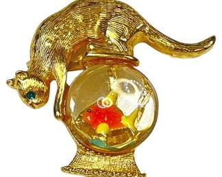 Gold Crown Kitty Cat Fish Bowl Brooch
