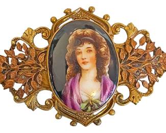 Czech Gilt Brass Porcelain Portrait Brooch