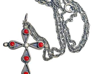 Reversible Turquoise Coral Cross Necklace