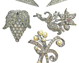 Vintage Silver Rhinestone Brooches, Etc