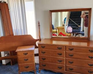 $50 - 1-Maple nightstand - 3 drawer 
$75 - Maple queen bed frame/side rails/foot and headboard
$250 (OBO) - Maple dresser with mirror - hydrogen peroxide stain on top can be refinished. 
