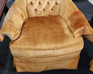 $600 - 2 Vintage mid-century 1960 modern yellow tufted high-back velvet chairs