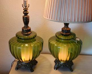 $300.00 - 2 Vintage Green Glass Globe Lamp Bases, Hollywood Regency mid-century Lamps. They work great with two light settings, but they would need new shades.