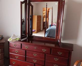 Cherry stain mirror dresser multi drawer