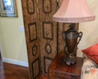 antique sewing table, lamp and screen