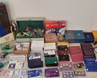 Darts board, darts, coin collection