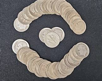 US Silver Roosevelt Dimes, Qty 50, Dates Range 1946 - 1951