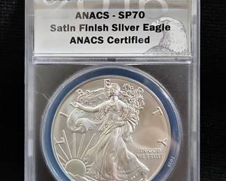 2016-W US Satin Finish Silver Eagle $1 Coin, ANACS Certified, 1 Ounce Fine Silver, Includes Certificate Of Authenticity, And Presentation Box