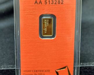 Valcambi Suisse 1 Gram 999.9 Fine Gold Bar, Certificate # AA513282