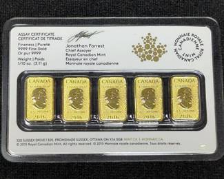 2016 Royal Canadian Mint $25 Gold 5-Bar Set, Each Bar Is 1/10 Oz .9999 Gold